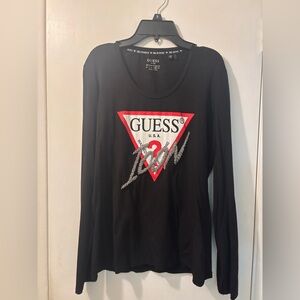 GUESS Black Long Sleeve Icon Tee with Red and White Logo